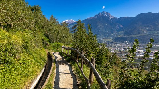 Hotels Marling: alpin-mediterrane Idylle Wanderweg mit Holzzaun und Stadtblick vor Berglandschaft unter klarem Himmel