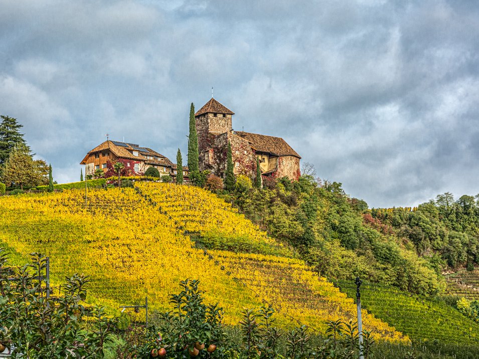Castel Guardia: soggiornare in una fortezza Castello antico su collina con vigneti e meli sotto cielo nuvoloso