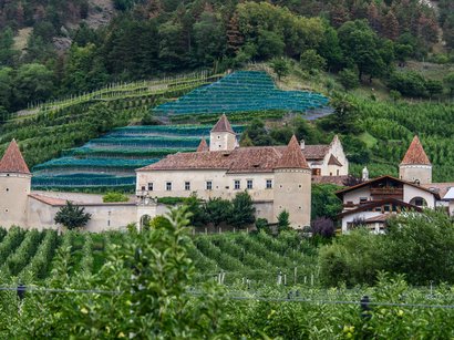 La Torre Fröhlich a Malles Venosta Castello storico circondato da frutteti e vigneti in paesaggio verde