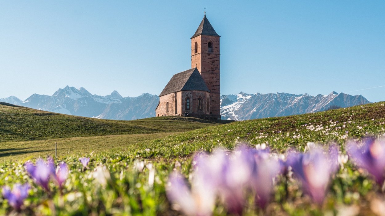Hotels in Hafling: idyllisch, echt, Südtirol Kirche auf grünem Hügel mit Frühlingsblumen und schneebedeckten Bergen im Hintergrund.