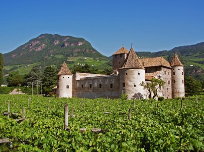 Hotel sul Renon in Alto Adige Castello tra vigneti con montagne sullo sfondo e cielo azzurro limpido