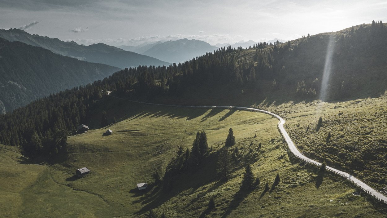 Hotel a Racines presso Vipiteno Paesaggio montano con colline erbose, foresta e strada tortuosa al sole