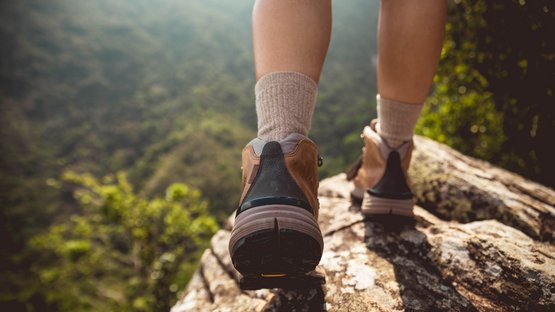 Passeggiata alpestre al Rifugio Roner Scarpe da trekking su roccia con paesaggio verde sullo sfondo