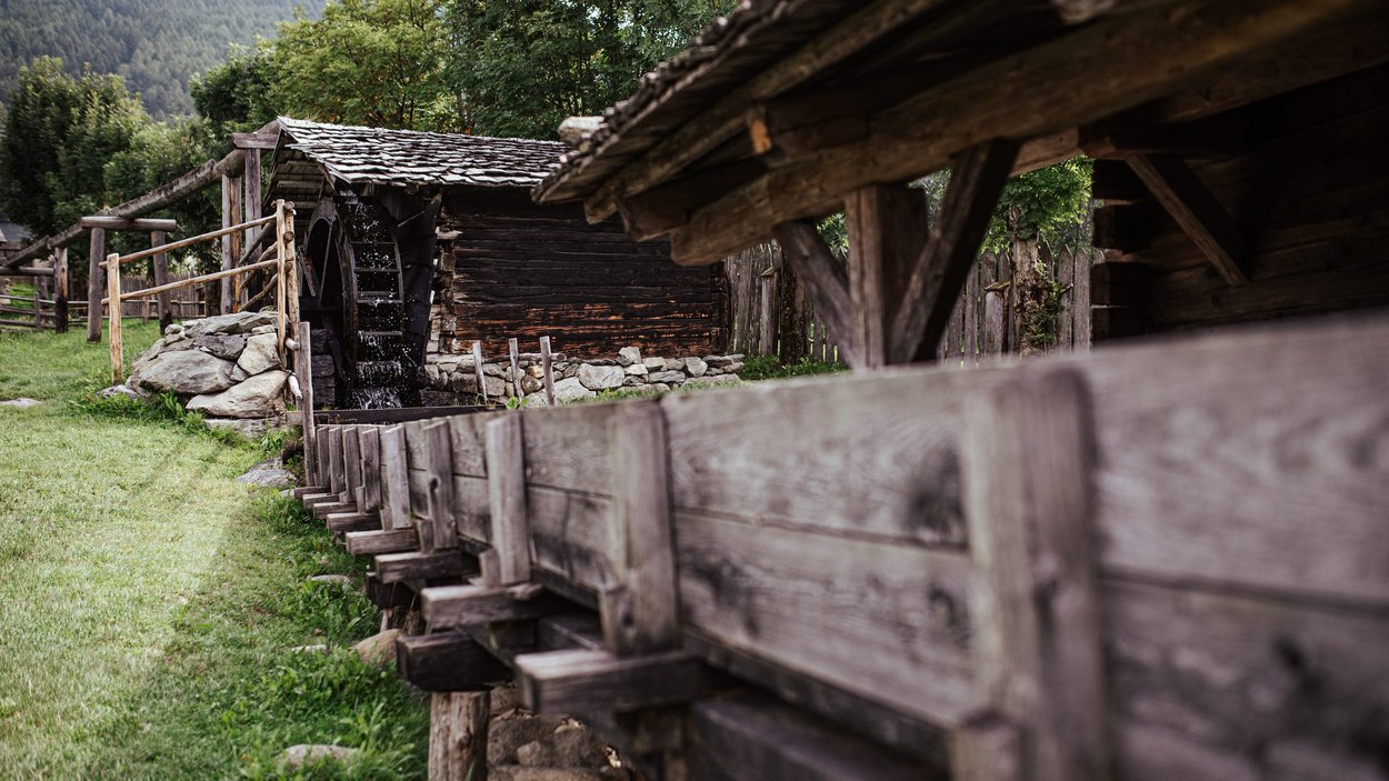 Il museo provinciale degli usi e costumi Vecchio mulino ad acqua in un'area di montagna verde con legname