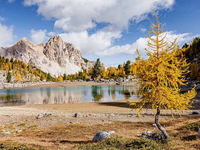 Escursioni sulle Dolomiti di Sesto Lago di montagna autunnale con alberi gialli e cielo nuvoloso
