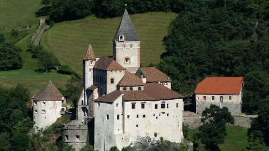 Trostburg in Südtirol Mittelalterliche Burg auf einem bewaldeten Hügel mit grünen Wiesen