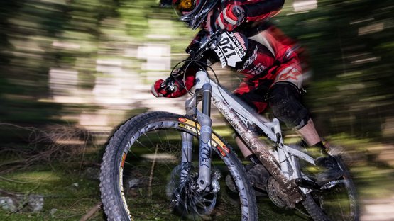 428 Royal Dolomites Tour mit Variante Regensburgerhütte (2025) Mountainbiker mit Helm und Schutzkleidung fährt schnell durch einen Wald
