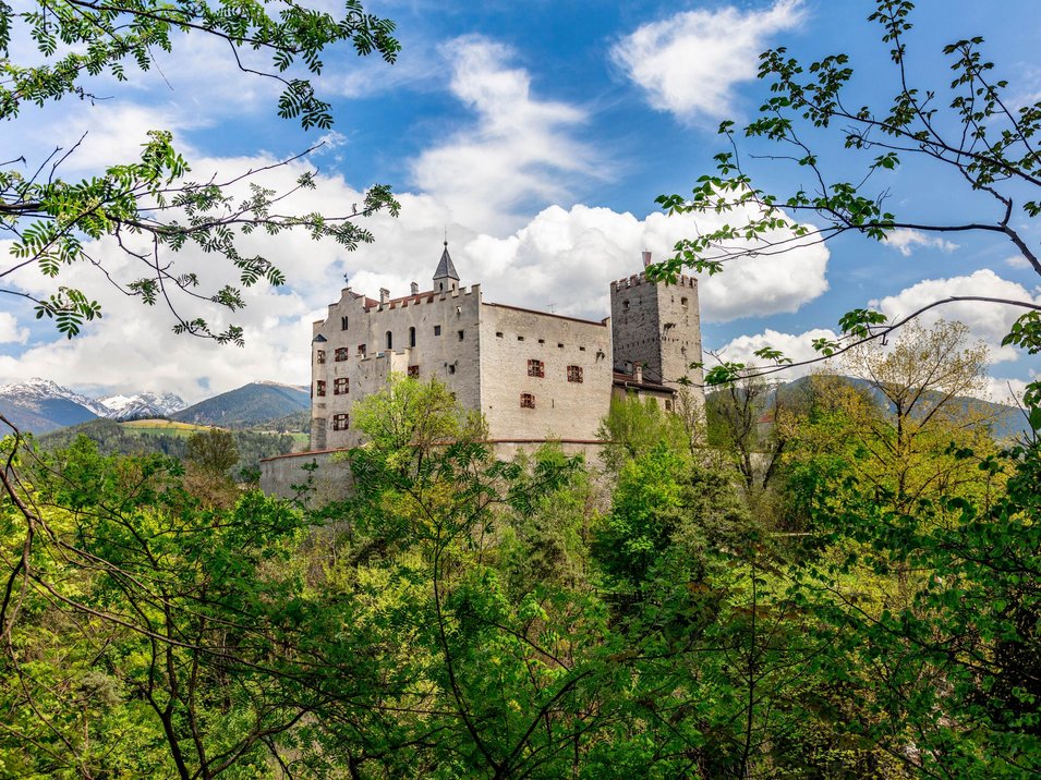 Il Castello di Brunico: vivace sede di eventi Castello storico circondato da alberi verdi con montagne sullo sfondo