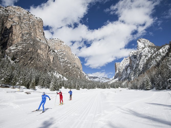 Sci di fondo in Alto Adige: un must assoluto! Sciatori di fondo con abiti colorati su paesaggio montano innevato e cielo azzurro