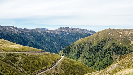 Das Penser Joch Bergstraße mit grünen Hügeln und bewaldeten Bergen unter bewölktem Himmel