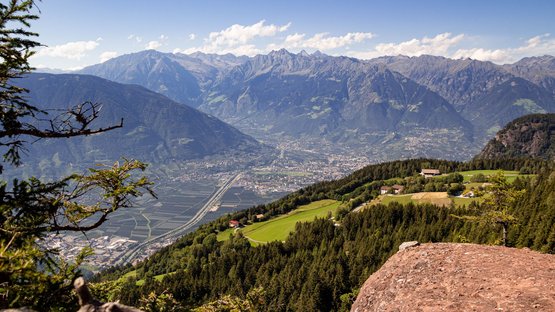 Aktivurlaub im Naturpark Texelgruppe in Südtirol Berglandschaft mit Blick auf Tal, Wälder und Berge im Hintergrund