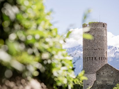 Schloss Goldrain Runder Steinturm mit Bergen im Hintergrund und grünen Blättern im Vordergrund
