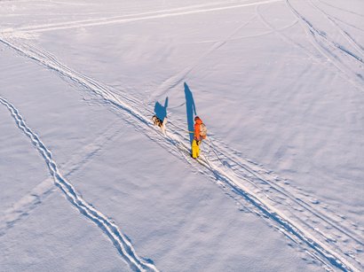 Pista panoramica Colle Isarco Sciatore con cane cammina in paesaggio innevato