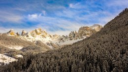 Hotel a Siusi allo Sciliar Foresta di abeti innevata davanti a cime montuose imponenti e innevate sotto un cielo azzurro