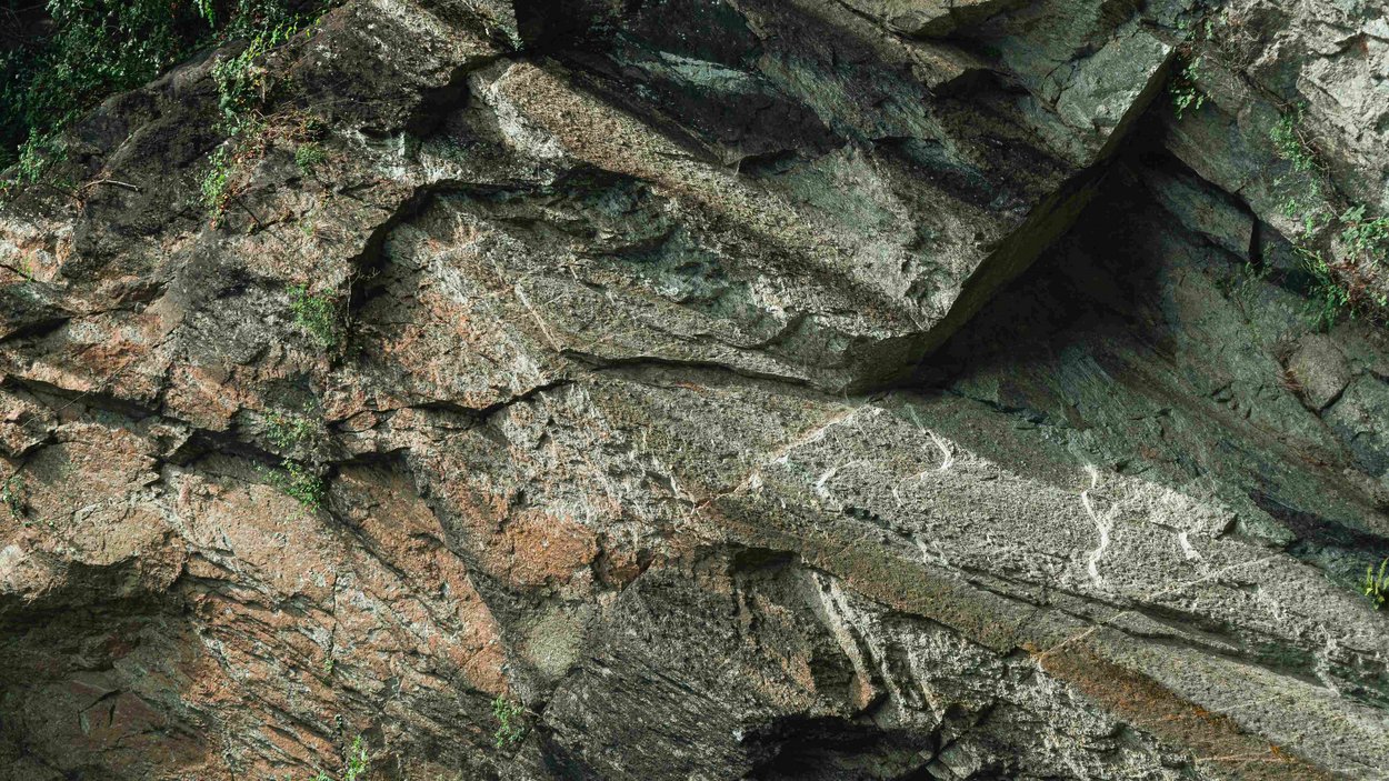 Südtirols Gewässer: Passeirer Wasserfall Nahaufnahme einer felsigen Klippe mit verschiedenen Farbschichten und kleinen Pflanzen