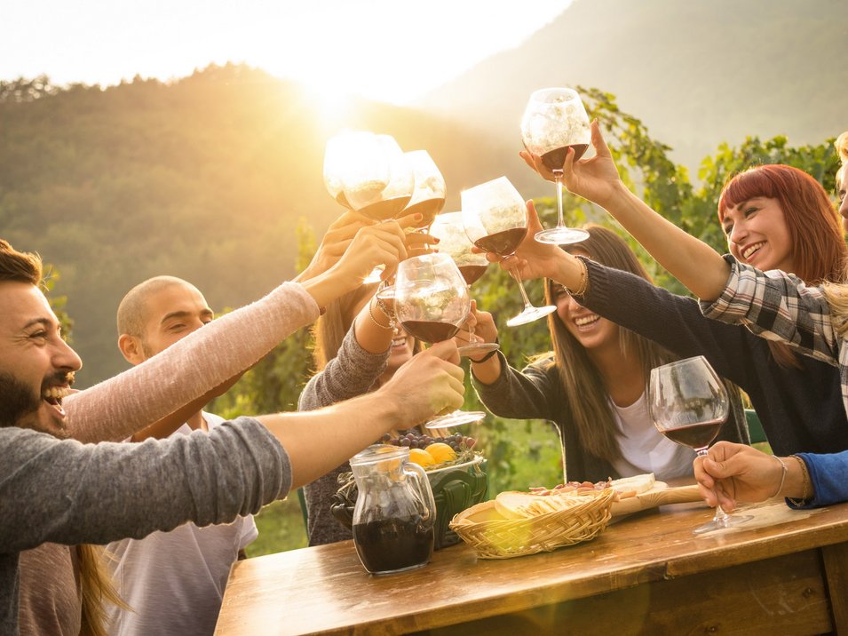 Törggelen in Alto Adige: le migliori offerte con pernottamento Gruppo di amici brinda con calici di vino rosso all'aperto al tramonto