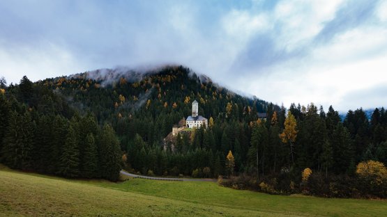 Schloss Welsperg im Oberpustertal in Südtirol Burg auf bewaldetem Hügel mit Nebel und grünem Vordergrund