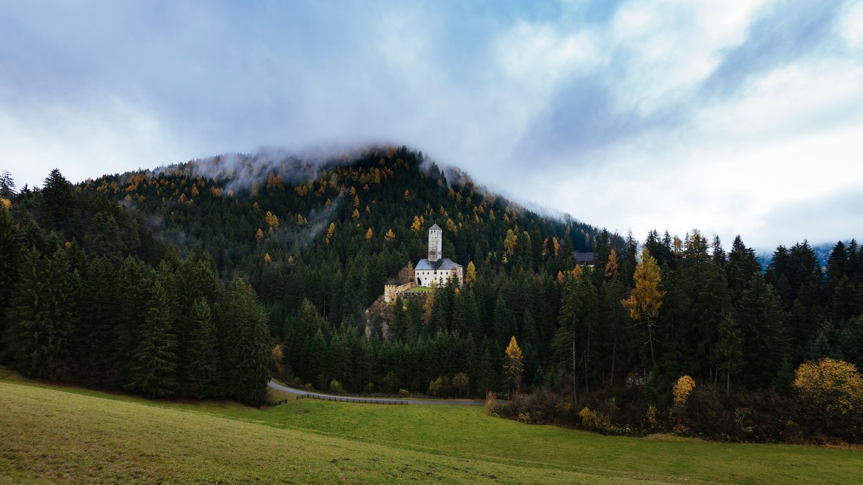 Il Castel Welsperg in Alta Pusteria Castello su collina boschiva con nebbia e prato verde in primo piano