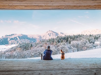 Una spettacolare cascata in Alto Adige Persona e cane seduti di fronte a paesaggio montano innevato in inverno