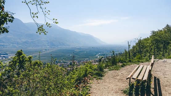Ihre Hotels in Meran in Südtirol: Hotels im Meraner Land Sitzbank am Weg mit Blick auf grünes Tal und Berge unter blauem Himmel
