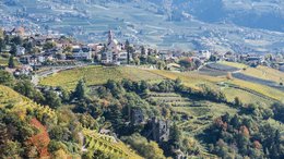 Hotel a Scena presso Merano Vigneti autunnali e villaggio con chiesa in paesaggio collinare