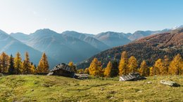 Hotels in St. Martin in Passeier: Ab in den Traumurlaub! Herbstliches Bergtal mit kleinen Holzhütten und goldenen Bäumen unter blauem Himmel