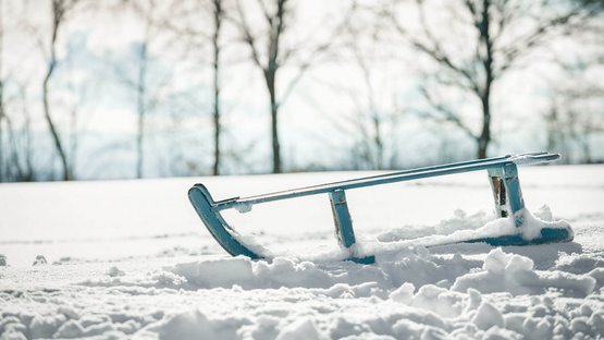 Pista da slittino Malga Geisler Slitta blu nella neve davanti ad alberi spogli sfocati