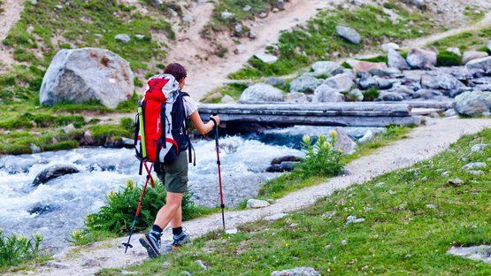 Attraverso il Jägersteig nella valle Altfasstal Escursionista con zaino e bastoni vicino al ruscello e ponte di legno nel verde