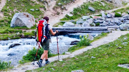 Parco naturale Fanes-Senes-Braies Escursionista con zaino e bastoni vicino al ruscello e ponte di legno nel verde