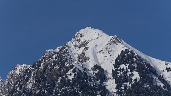 Wandern im Meraner Land Schneebedeckter Berg mit Nadelbäumen vor klarem blauem Himmel