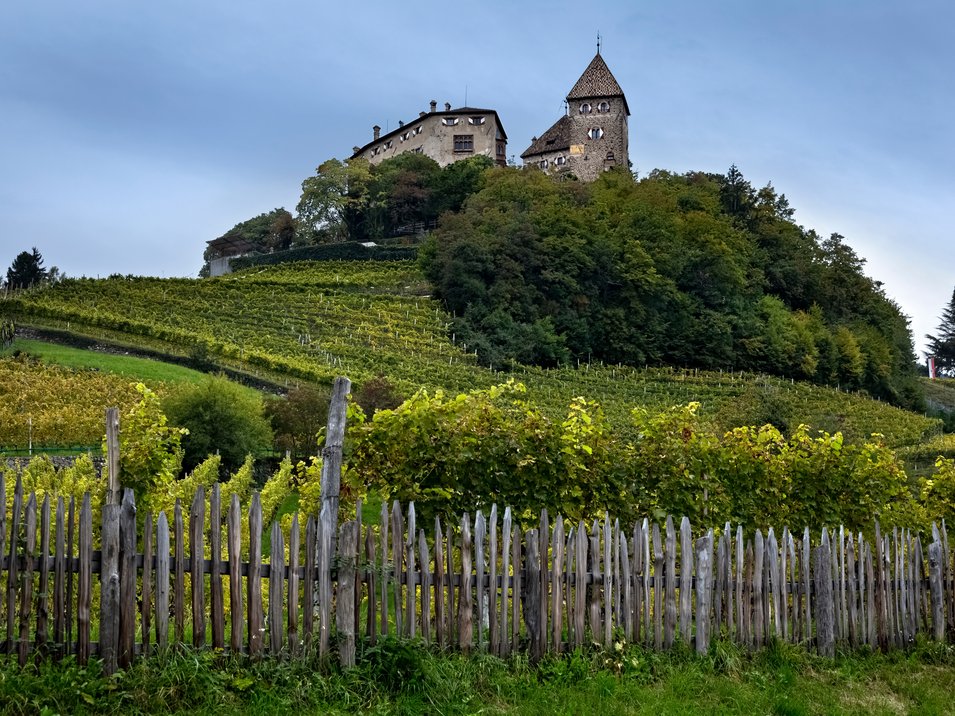 L’imponente Castel Wehrburg in Alto Adige Castello su collina verde con vigneti e recinzione di legno in primo piano
