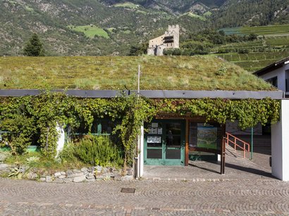 Mondotreno a Rablà Edificio con tetto verde e centro parco naturale, montagne boschive sullo sfondo
