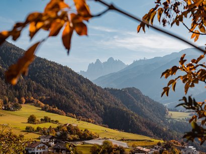 Törggelen in Südtirol: Topangebote mit Übernachtung Herbstliche Berglandschaft mit grünen Wiesen und Häusern im Tal