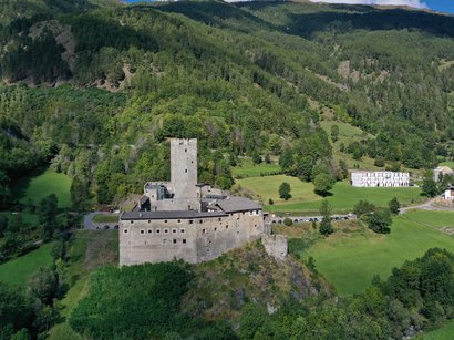 Hotel a Laces in Val Venosta Castello su una collina verde circondata da boschi e prati