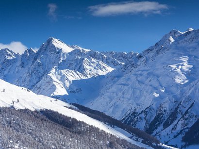 Avventure e piacere nell’area sciistica della Val Senales Montagne innevate con alberi sul pendio e cielo azzurro