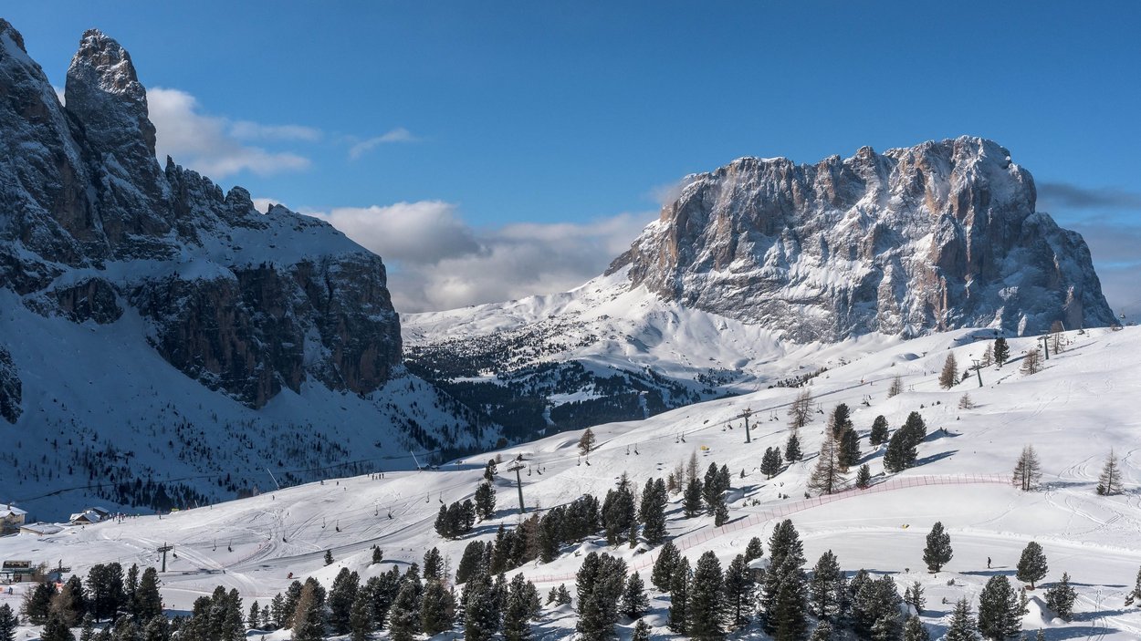 Ski-in/Ski-out in Südtirol Schneebedeckte Berge und Tannen unter klarem blauen Himmel