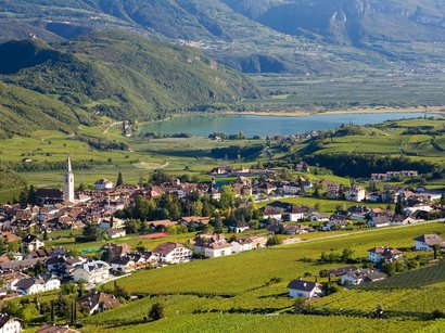 Funivia del Colle: la più antica funicolare del mondo Villaggio in una valle verde con vigne e lago sullo sfondo