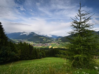 Hotels in St. Lorenzen: willkommen im Pustertal! Berglandschaft mit Tannenbäumen und Dorf im Tal unter bewölktem Himmel