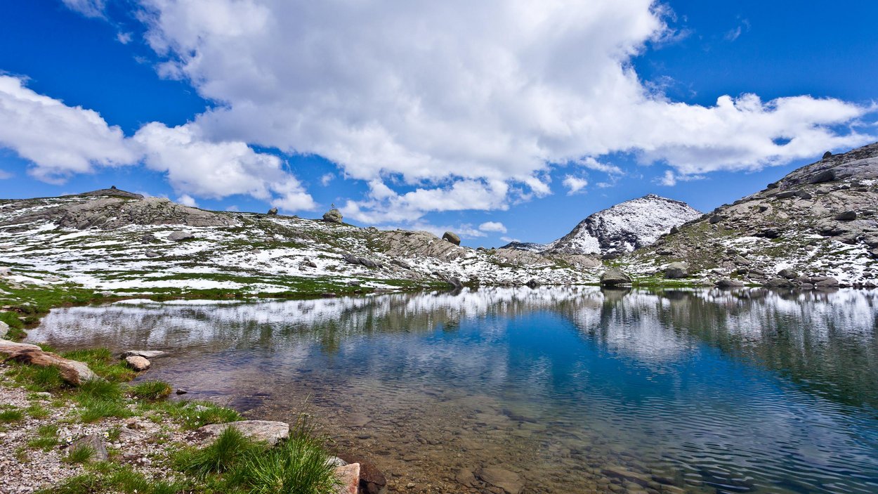 Da Valico verso la Cima Rosa Lago di montagna con neve, rocce e cielo blu con nuvole