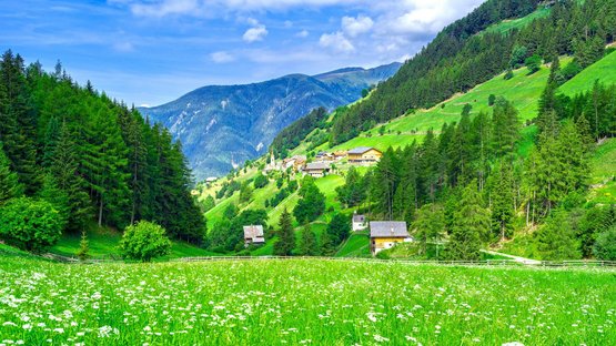 Hotel a Gais in valle Aurina Prato fiorito davanti a villaggio montano tra colline verdi e boschi
