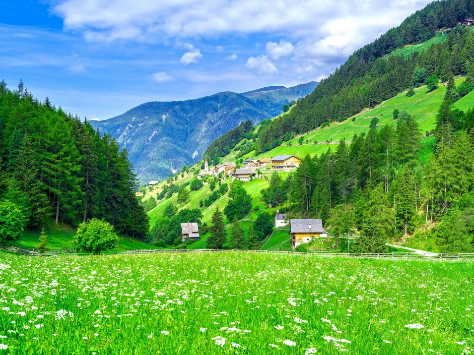 Hotel a Gais in valle Aurina Prato fiorito davanti a villaggio montano tra colline verdi e boschi